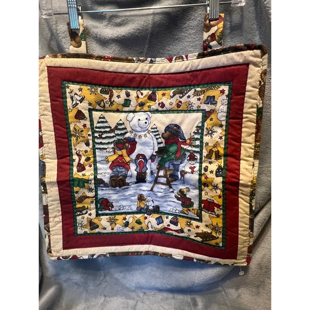 Vintage Christmas Teddy Bear Quilt Wall Hanging Handmade Holiday Decor‎ 17x16